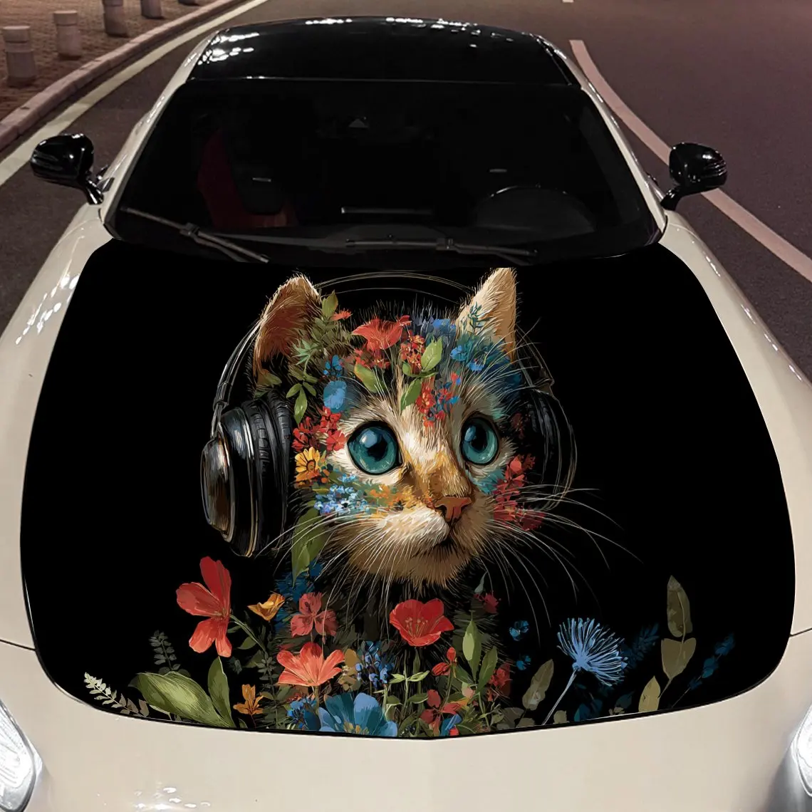 

The kitten wearing black headphones Car Hood Vinyl Stickers Car Surface Protection Decal Car Decoration Cover Vinyl Wraps Waterp