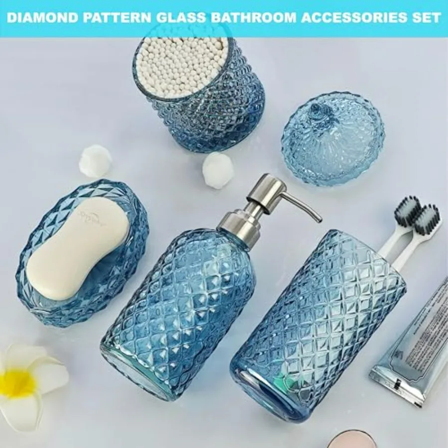 Set di accessori da bagno in cristallo, set di dispenser per lozioni blu da 9 pezzi, portasapone, portaspazzolino, bicchiere, vasetti per tamponi di cotone