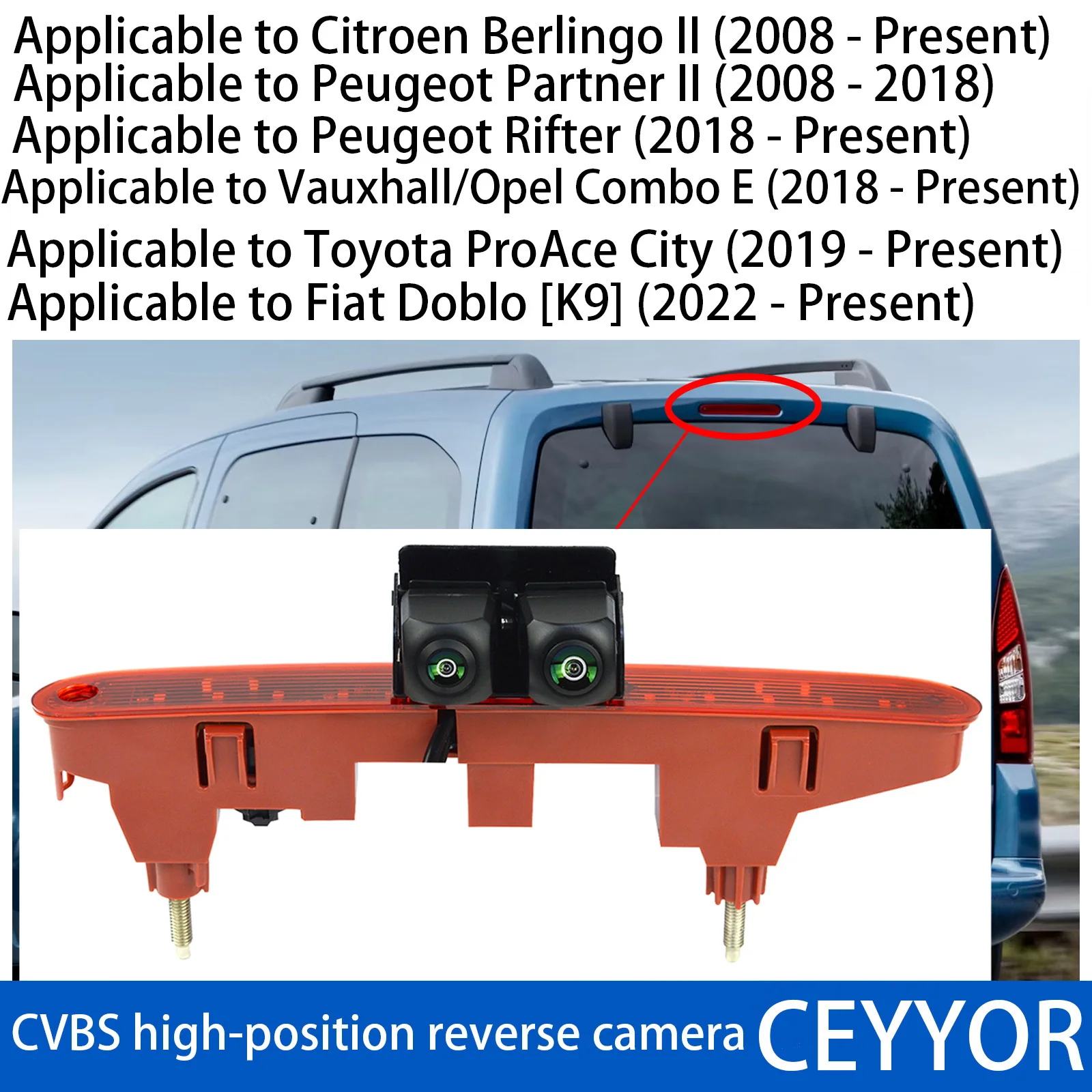 Dual Lens High Level Brake Light HD Reversing Camera for Citroen Berlingo,Peugeot Partner,Fiat Doblo K9,Vauxhall/Opel Combo E