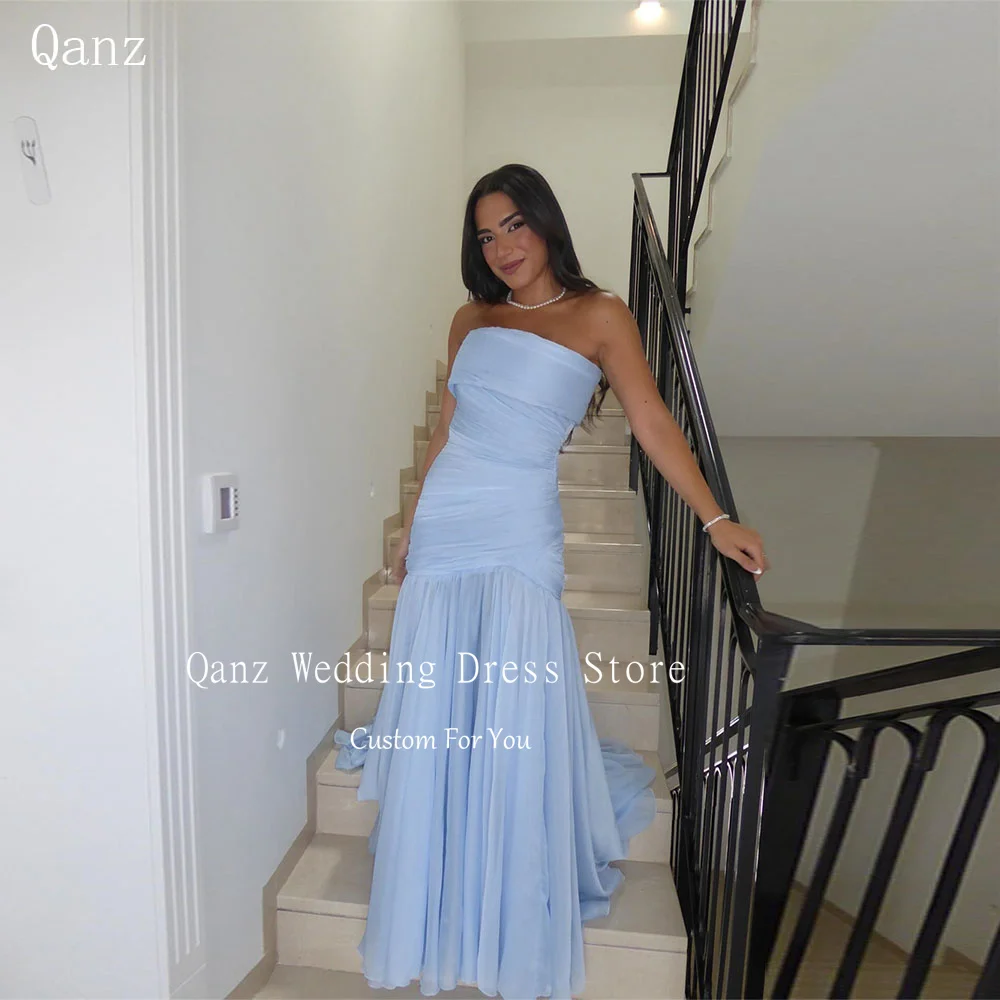 

Qanz Небесно-голубые шифоновые вечерние платья женские без бретелек плиссированные платья русалки для гостей свадьбы длинные халаты De Soirée по индивидуальному заказу