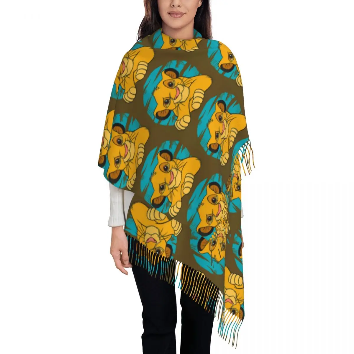 

Женские длинные шарфы с героями мультфильмов «Король Лев», женские зимне-осенние толстые теплые шаль с кисточками, шарф