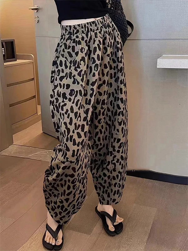 High Waist Straight Leg Casual Pants plus Size Loose Fitting Pear Shaped Body Leopard Print Harlan Pants Women's Fashion