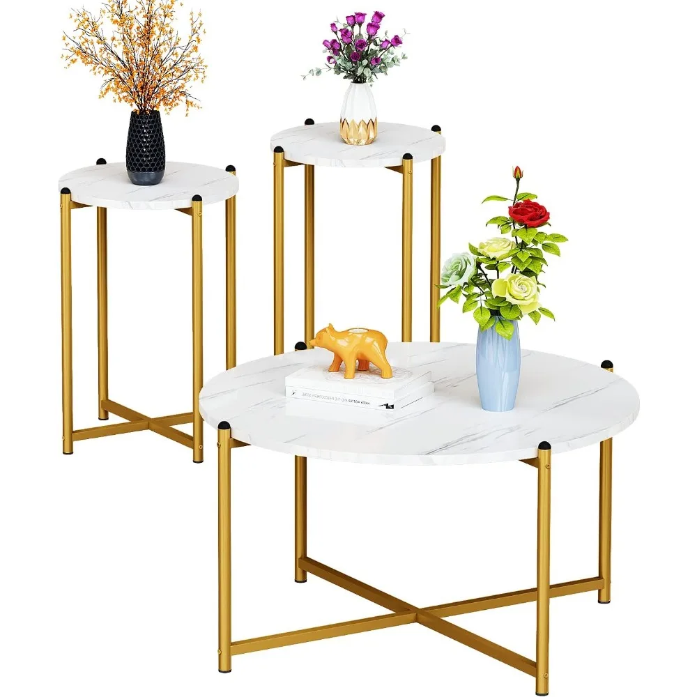 

Living Room Coffee Table Set, Faux Marble Living Room Table Set of 3 Modern Round Center Table with Metal Legs