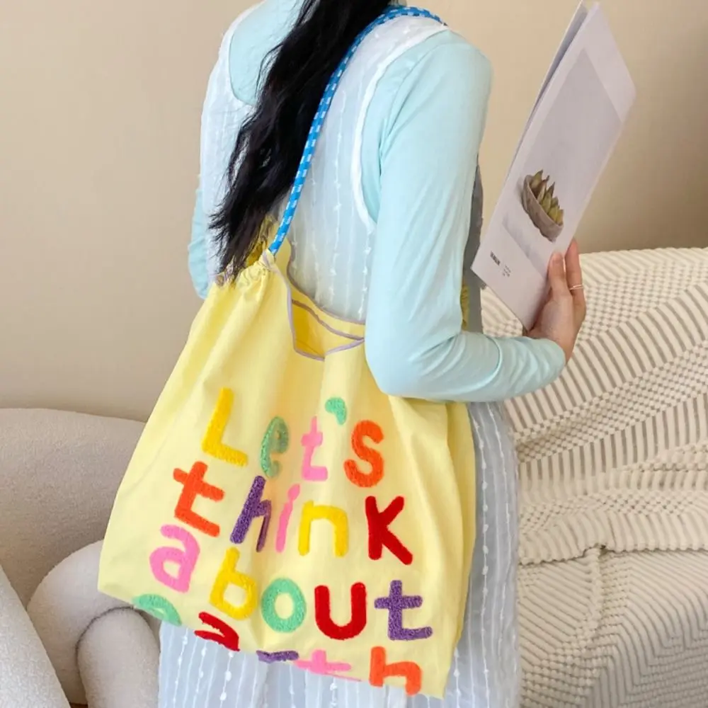 Letter Embroidery Shopping Bag Durable Japanese-style Tote Large Capacity Handbag Travel Shoulder Bag