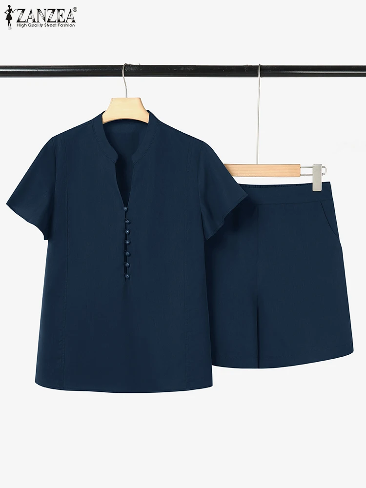 

ZANZEA Casual Ruffle Sleeve V-Neck Blouses 2 Pieces Sets Elastic Waist Shorts Day Wear Woman Summer Short Sets Two Piece Outfits