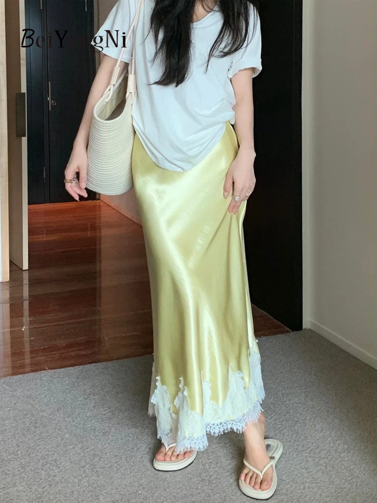 Beiyingni Elegant Long Skirts for Women 2025 Summer High Waist Lace Satin Trumpet Skirt Woman Luxury Slim Korean Fashion Skirts