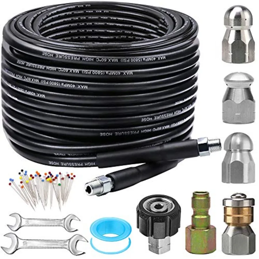 

Sewer Jetter Kit for Pressure Washer 100Feet 5800PSI Drain Cleaner Hose 1/4 Inch NPT Corner Rotating and Button Hose Sewer Jett