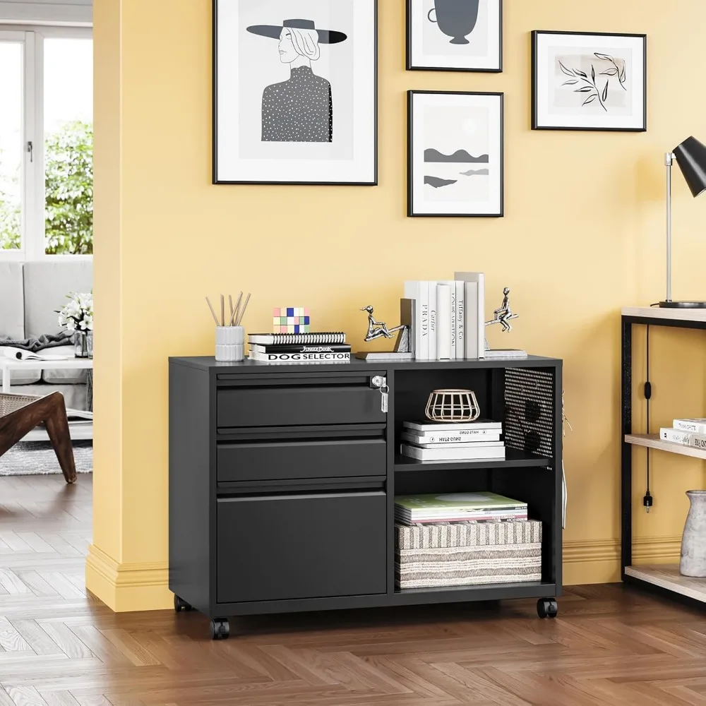 Secure 3-Drawer Metal File Cabinet with Lock, Mobile Lateral Filing System, Printer Stand Storage Cabinet with Shelves for Home