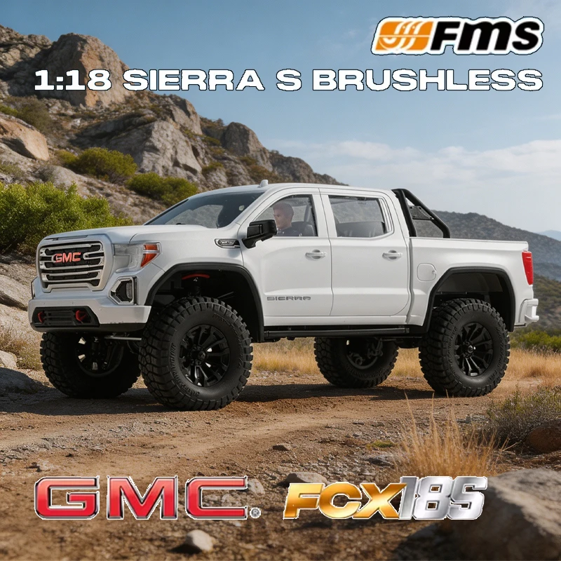 Coche RC FMS FCX18S 1:18 GMC Sierra S, Vehículo Todoterreno de Alta Velocidad 4WD RTR sin Escobillas con Chasis Totalmente Metálico y Transmisión de Dos Velocidades