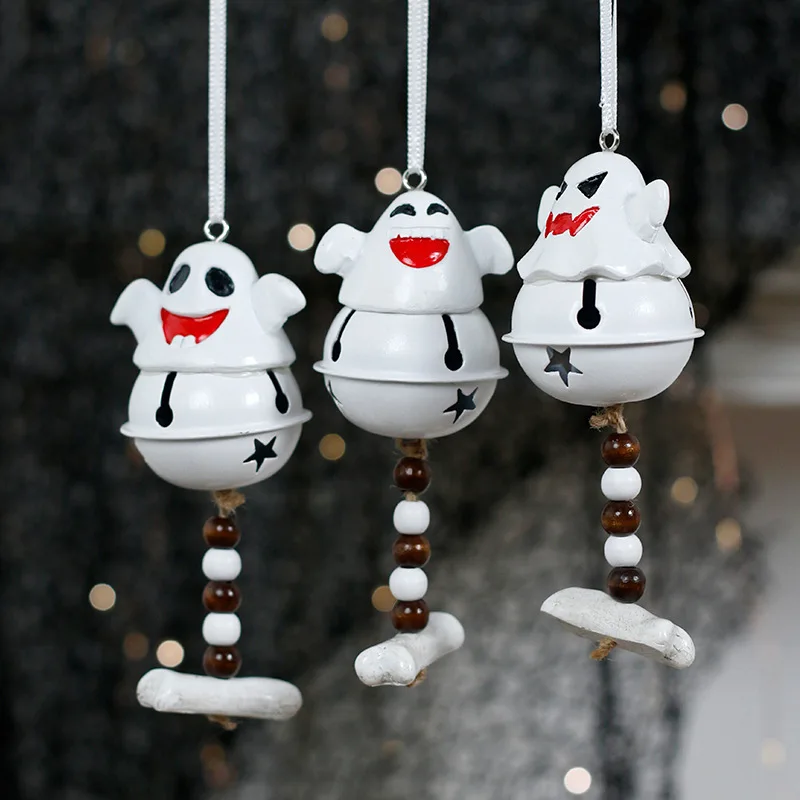 6PCS White Ghost Halloween Hanging Ornament  Resin Bell Pendant for Haunted House Store Outdoor Spooky Atmosphere Layout