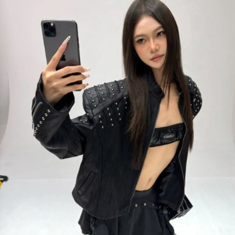 

European Spice Girls Shoulder Padded Jacket Women's Guochao Heavy Industry Metal Rivet Stand-Up Collar Motorcycle Clothing Men's