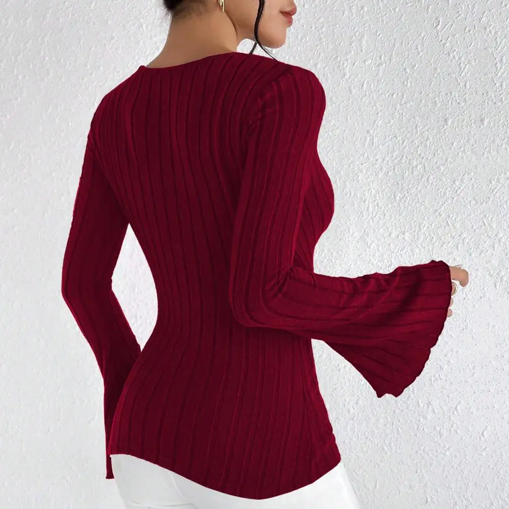 Women Bottoming Tops V-neck Flared Long Sleeve Slim Fit Knitting Tops Solid Color Autumn Winter Blouse view 5