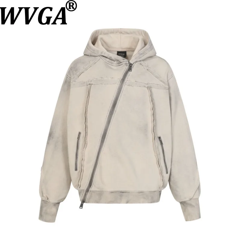 WVGA Autumn New Men's American Style Washed Distressed Diagonal Zipper Hooded Cardigan Sweatshirt Niche Casual Edges Coat W27164
