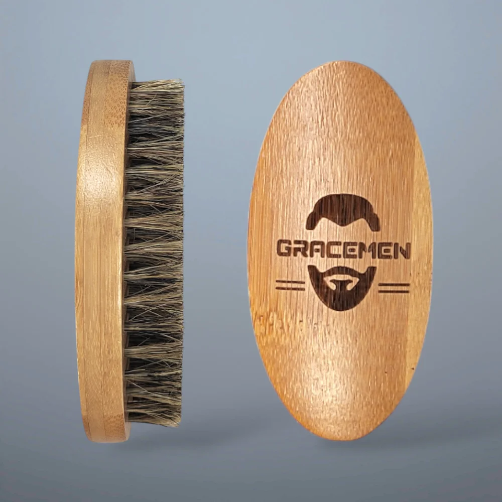 Grancemen Beard Kit - Dual Sided Green Sandalwood Comb & Bamboo Boar Bristles Brush & Golden Scissors With Travel Bag 3 in 1 Set