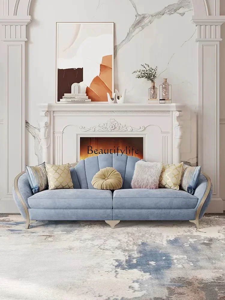 

High-end American solid wood fabric sofa living room modern light luxury cream style French style