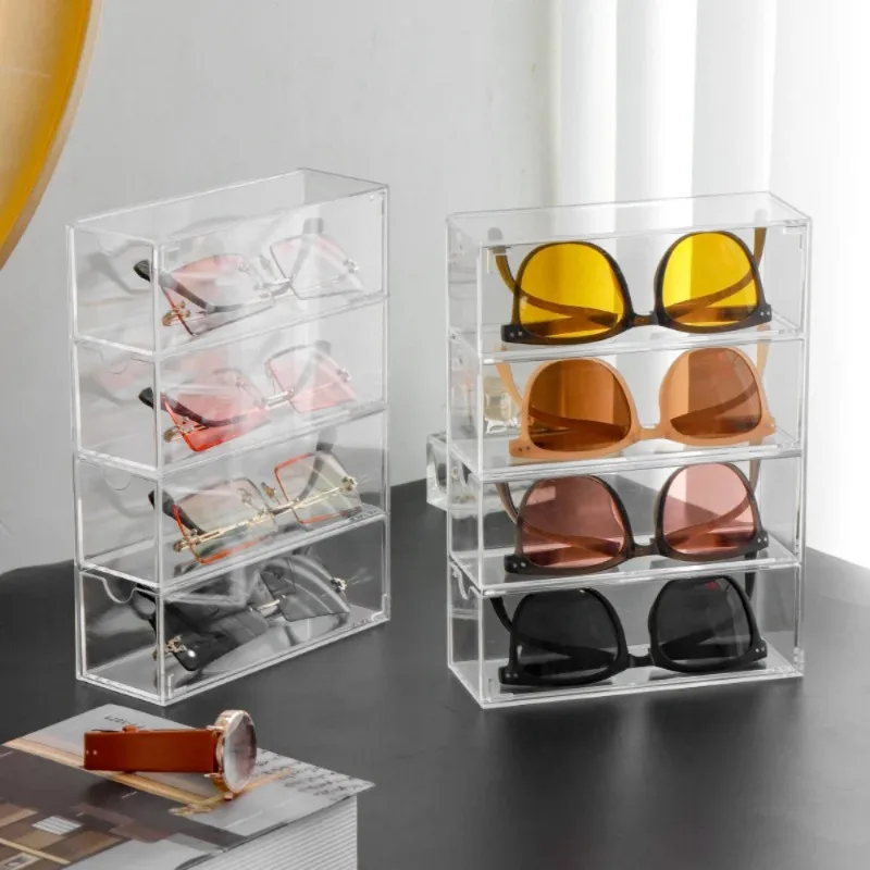 

Transparent Acrylic Storage Box Case for Glasses 4-layer Sunglasses Display Desktop Sundries Pull