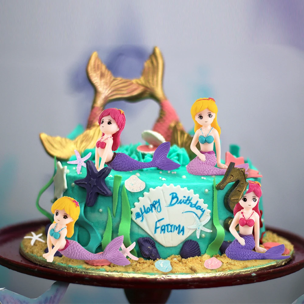 Mermaid Cake Topper Mermaid Doll Figurines Mermaid Tail Shell Starfish Cake Decorations Under the Sea Girls Birthday Party Decor view 3