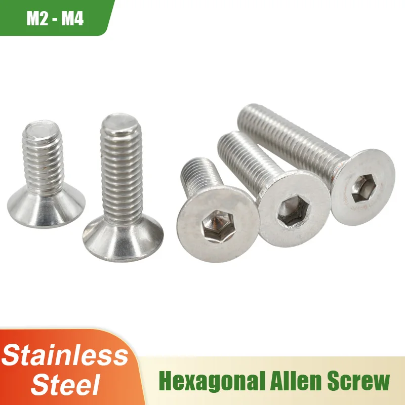 M2 M2.5 M3 M4 Flat Countersunk Hex Screw 304 Stainless Steel Hexagonal Allen Bolt Motorcycle Machine Screw 3mm-10mm-20mm-50mm