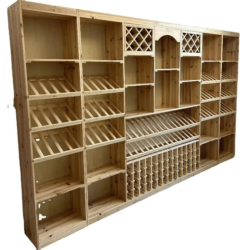 High Quality Customized Modular Solid Wood & Steel Wine Cellar Display Stand Retro Wine Storage Cabinet