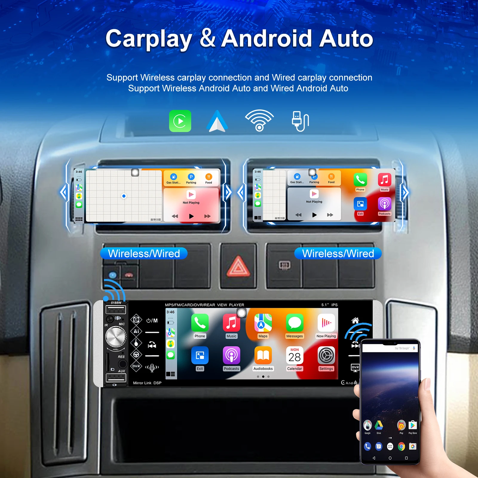 Podofo 1 Din Carplay Android auto Samochodowy odtwarzacz mp5 5,1-calowy ekran dotykowy HD z radiem Bluetooth FM Obsługa kamery cofania TF/USB