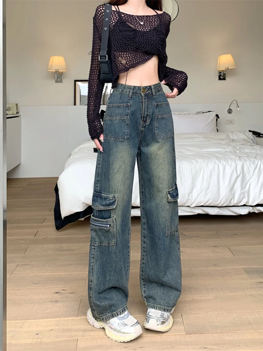 

Retro Blue Women Cargo Jeans High Waist Pocket Straight Denim Pants Autumn Loose Casual Wide Leg Trousers Female