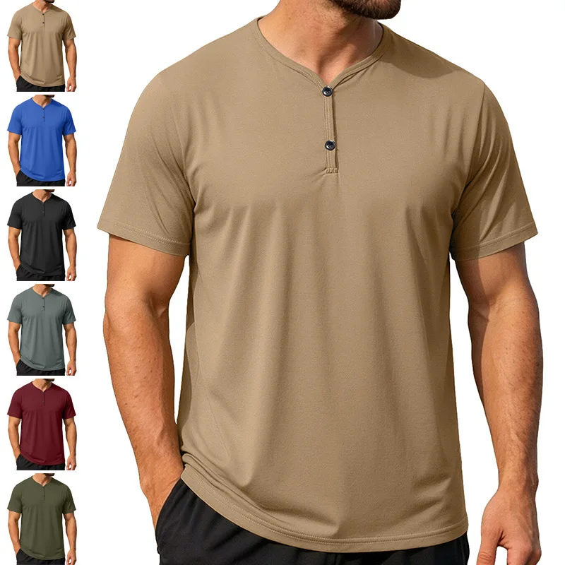 Men's V‑Neck Henley T‑Shirt Short Sleeve 2‑Button Placket Solid Color Casual Summer Daily Tops