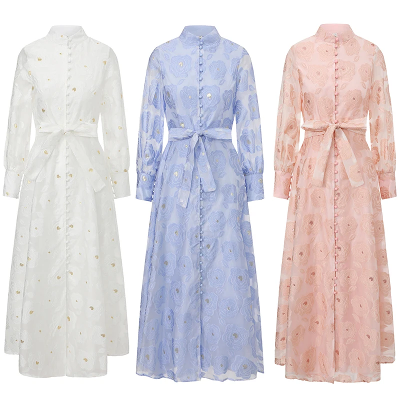 

Элегантное французское женское длинное платье с ажурной цветочной вышивкой крючком, рукавами-фонариками, однобортное, с поясом на шнуровке