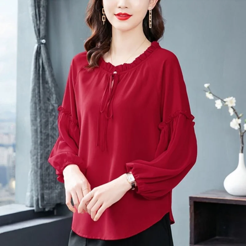 Elegant Ruffled Neck Chiffon Oversized Lantern Sleeve Lace Up Bow Blouse Women\'s Clothing Autumn Casual Tops Loose Commute Shirt