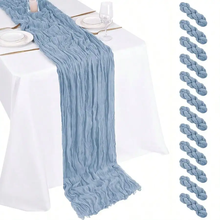 6/12Pack Dusty Blue Summer Cheesecloth Table Runner Boho Rustic Gauze 120 Inch 10FT Cheese Cloth Sheer Runner For Wedding Party Baby Shower Birthday Home Decor Holiday Decorations