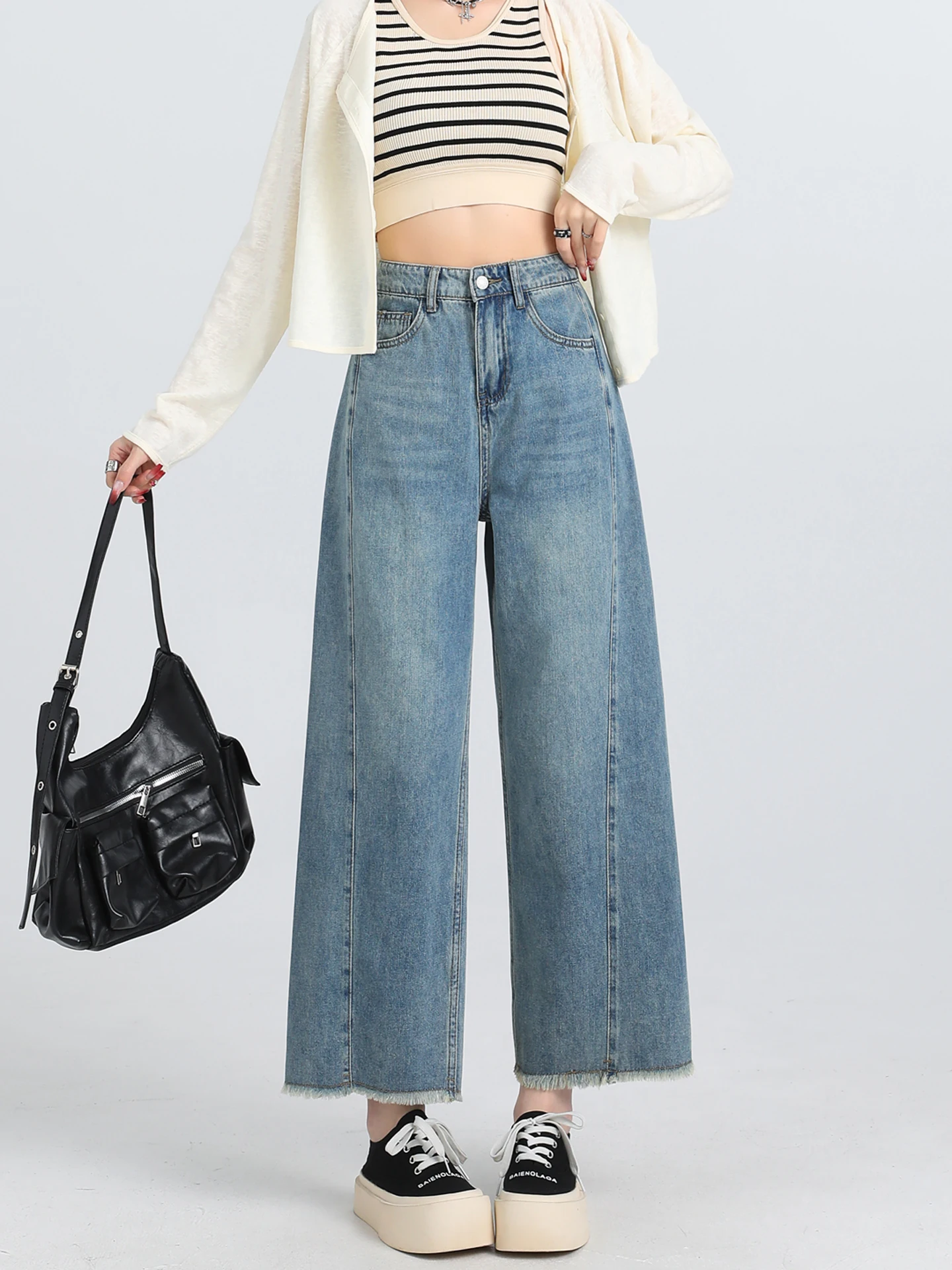 

Светло-голубые джинсы с высокой талией и широкими штанинами для женщин, весна-осень, новые, свободные, прямого кроя, маленький размер, 8/9 длины