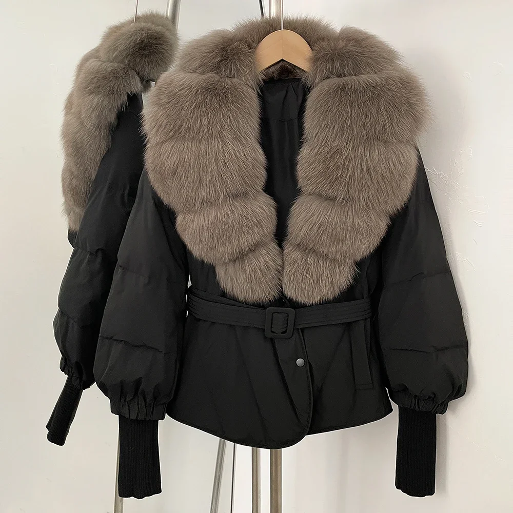 Frauen Echt Fox Pelz Jacke Winter Puffer Jacke Weibliche Lange Ärmel Gestrickte Oberbekleidung Dünne Beiläufige 2025, Neue Weiße Ente Unten mantel