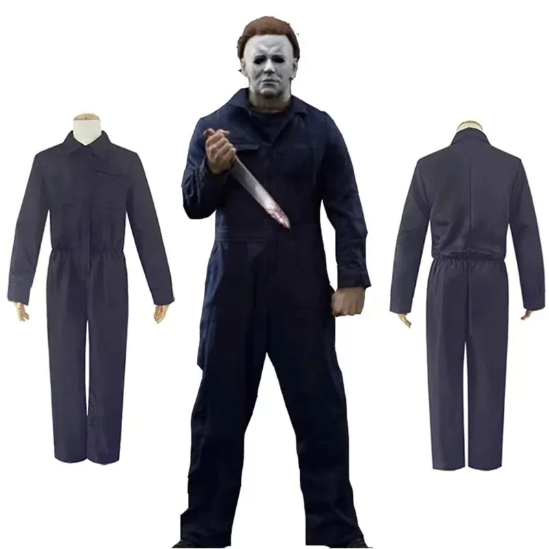 Michael Myers Costume Mask Cosplay Horror Demon Killer Blue Working Clothes for Men Disguise Halloween Suit for Adults Jumpsuit