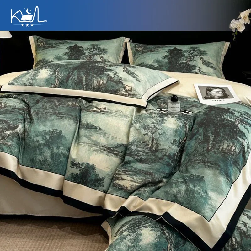 Digital Print Twill 4 Piece Bedding Set, Fitted Sheet Duvet Cover Pillowcases, Breathable Soft Spring Summer