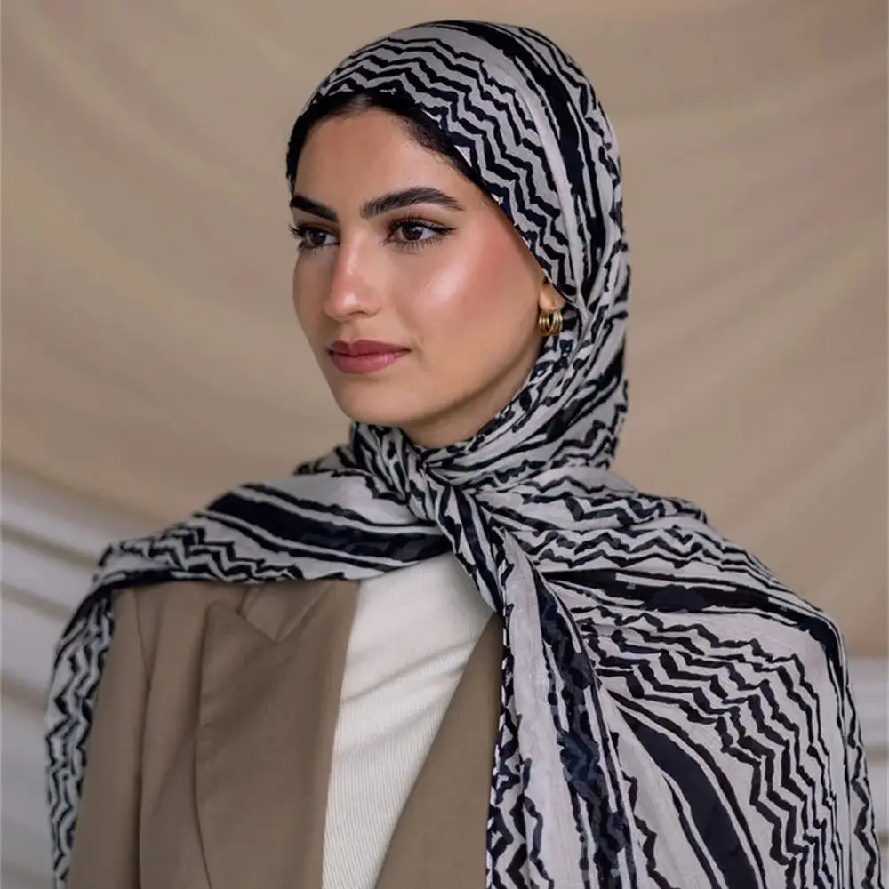 New Design Striped Keffiyeh Hijab Wave Printed Chiffon Scarf Women Islamic Muslim Scarves Shawl Echarpe Foulard Dubai Hijabs