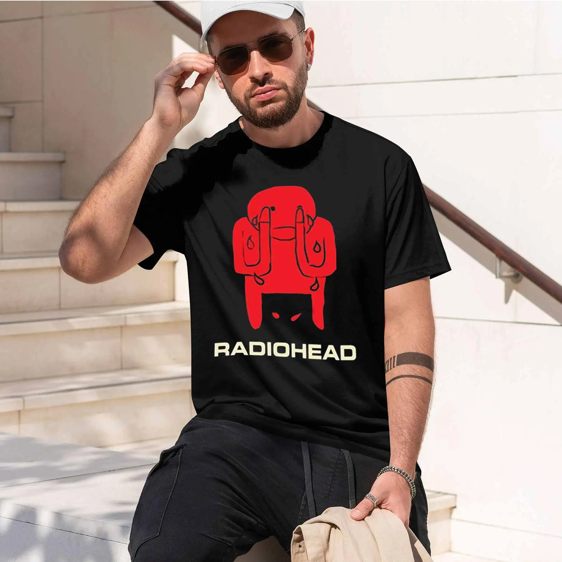 2026 new printed T-shirtMen's Radiohead Rock Band Crying Figure Print Short Sleeve T-Shirts Retro Loose Casual Tops