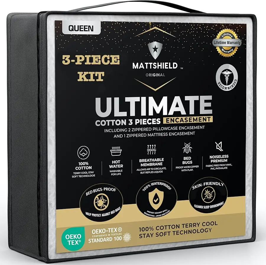 

MATTSHIELD Ultimate Комплект из 3 предметов — матрас с защитой от ошибок, размер Co er Queen, верх из 100% хлопка + 2 защитных подушки на молнии — 6