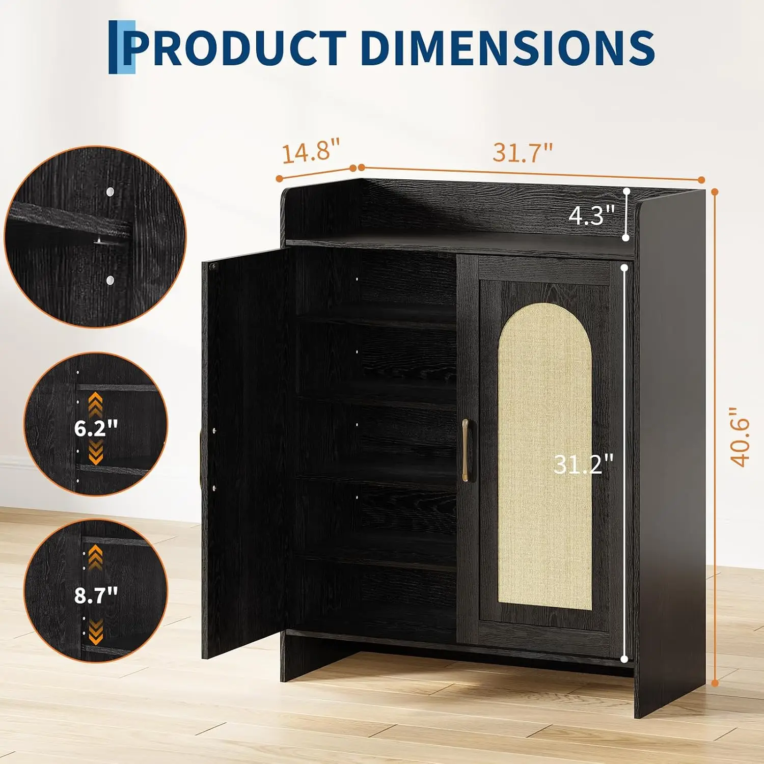Wooden Rattan Shoe Cabinet With Doors, Modern Closed Storage Organizer, Hidden Rack For Entryway Hallway Living Room, Customized