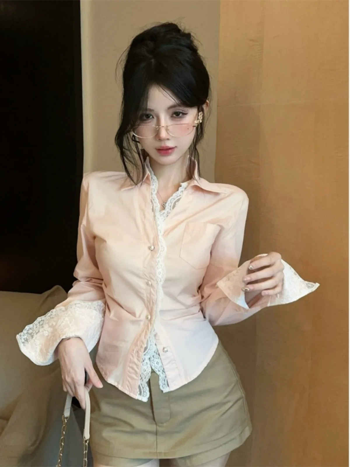 

Elegant Hollow out Lace Trim Neck Shirt Women Slimming Waist Long Sleeve Top High End Feel Autumn Season Ladies Fashion
