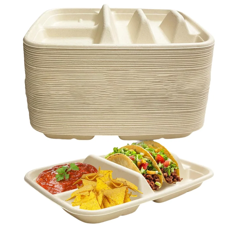 

A25F-Fiesta Taco Holder,Taco Stand- 50-PACK Disposable Paper Plates For 2 Tacos& 2 Sides With Dividers