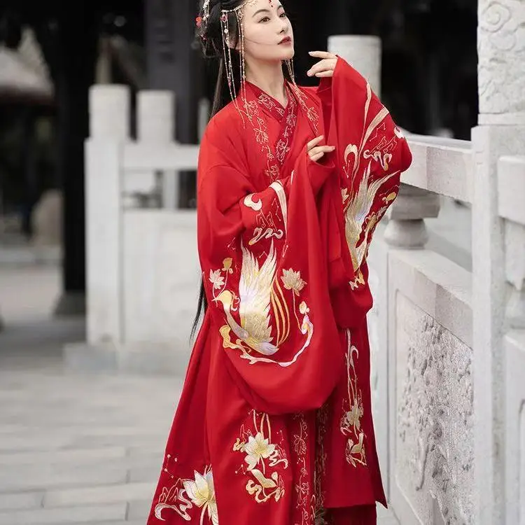 Kostum Hanfu Asli Jahitan Tangan Ukuran Besar untuk Wanita, Pakaian Tradisional Tiongkok Era Weijin dengan Bordir Phoenix, Pakaian Pria Wanita Model Lama dan Tebal