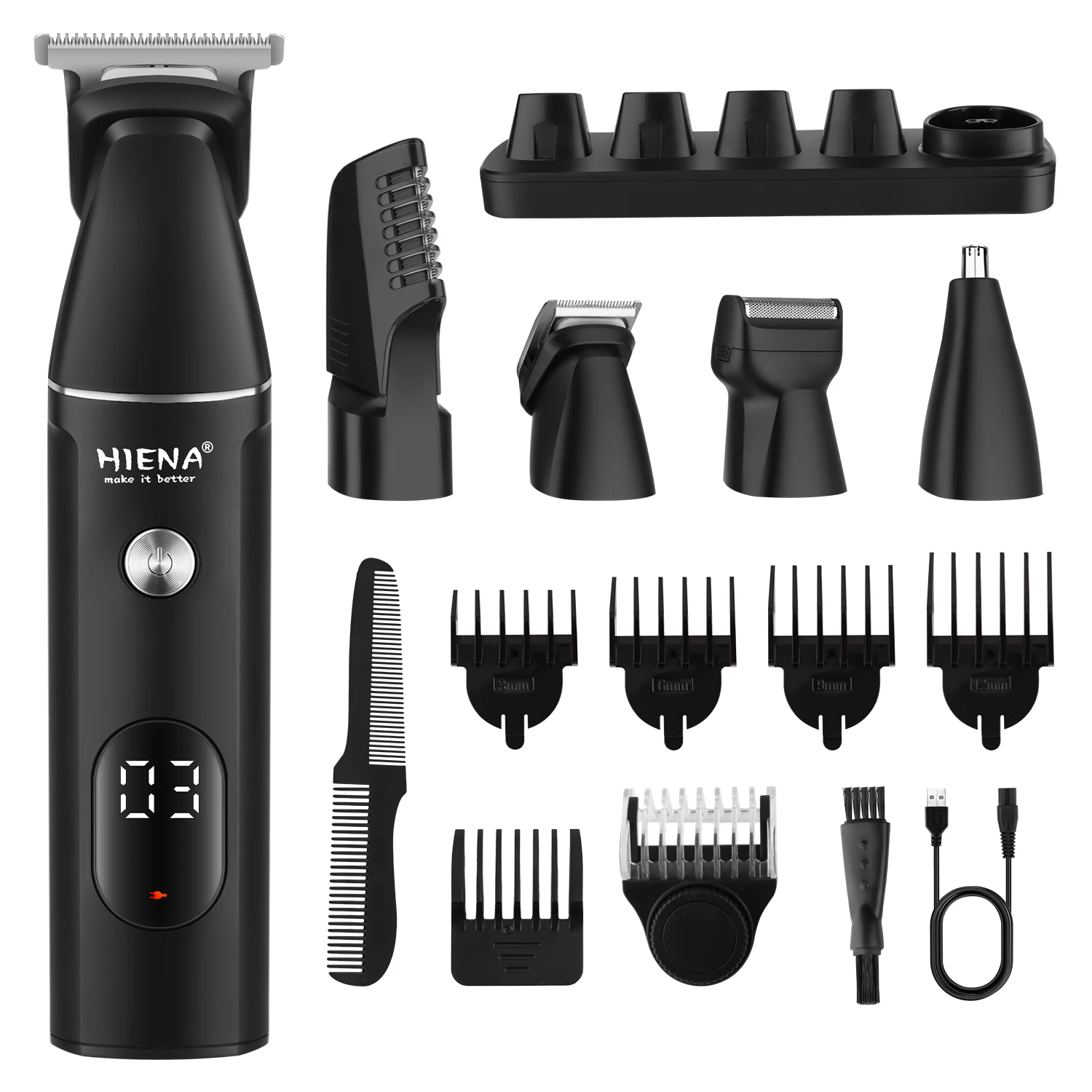 HIENA Professional Multifunctional Hair Clipper Set,Multifunctional Hair Clipper Set, R-Type Adjustable Blade, Cordless Barber Clippers, LED Display, Ear&Nose Hair Trimmer, 6 Combs