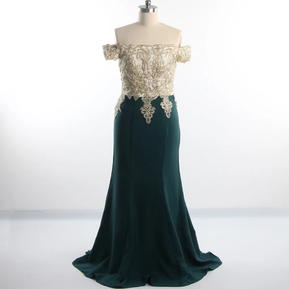 

Evening Dresses Dark Green Green Crystal Off the Shoulder Short Sleeves Mermaid Floor Length Plus size Lace up Party Dress R1359