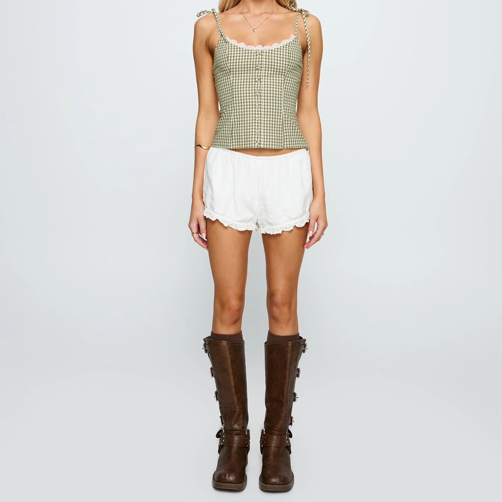 New Fashion Women Plaid Camisole Slim Lace Trim Scoop Neck Tie-up Spaghetti Strap Crop Shirts Trendy Summer Streetwear S M L