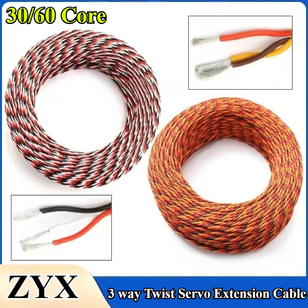 

1M/50M/100M 22AWG 26AWG 30/60 Core 3 way Twist Servo Extension Cable JR Futaba Twisted Wire Lead For RC Airplane Accessories