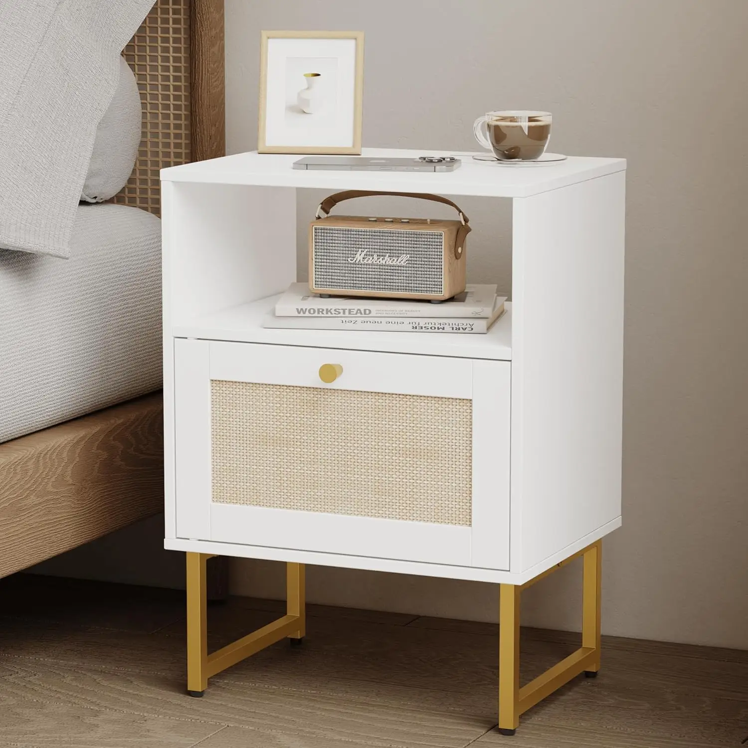 

Rattan Nightstand,Farmhouse Bedside Table with Storage Drawer and Open Shelf,Modern Boho Small Gold Frame Side End, Customized