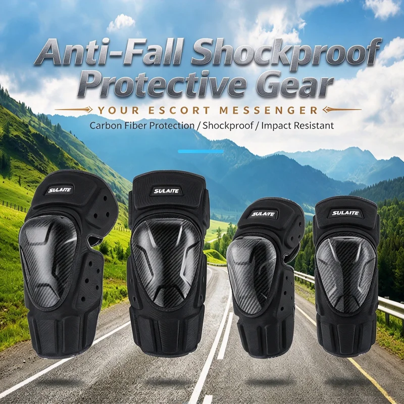 Motorcycle Knee Elbow Pads Set MEN Carbon Fiber Hard Shell Protector Adjustable Straps Motocross Off Road Riding Protective Gear