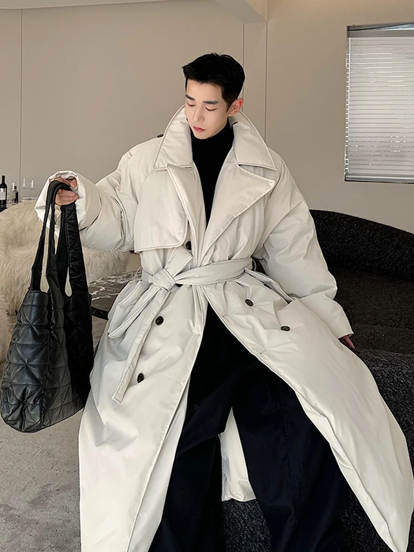 

Korean Sle Men's down Jaet Winter Clothes Thi Long Double Row Belt Design Warm Cold Proof Northeast Cotton Coat