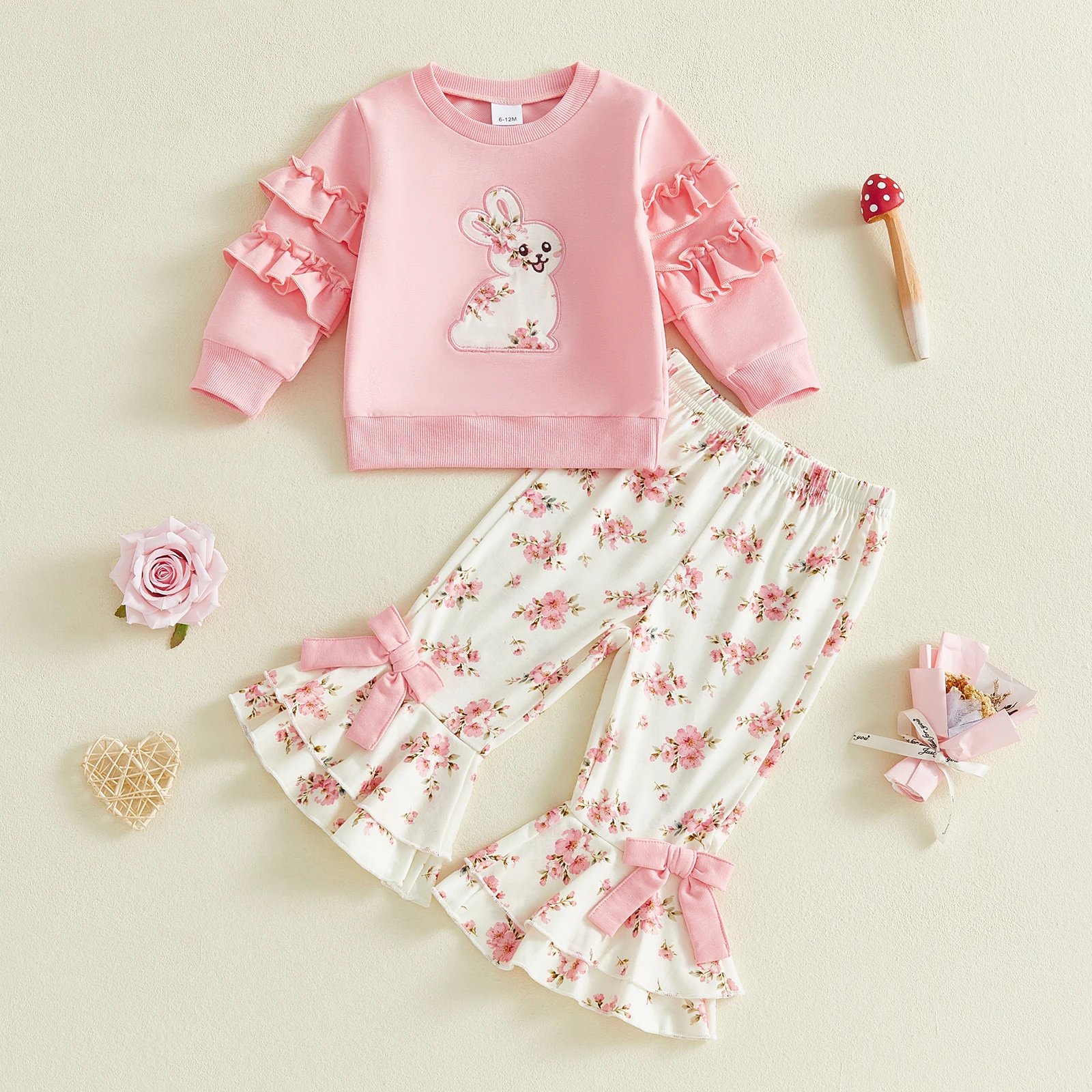 Toddler Girl Easter Outfits Bunny Embroidery Crew Neck Long Sleeve Sweatshirt and Floral Print Flare Pants 2Pcs Clothes Set
