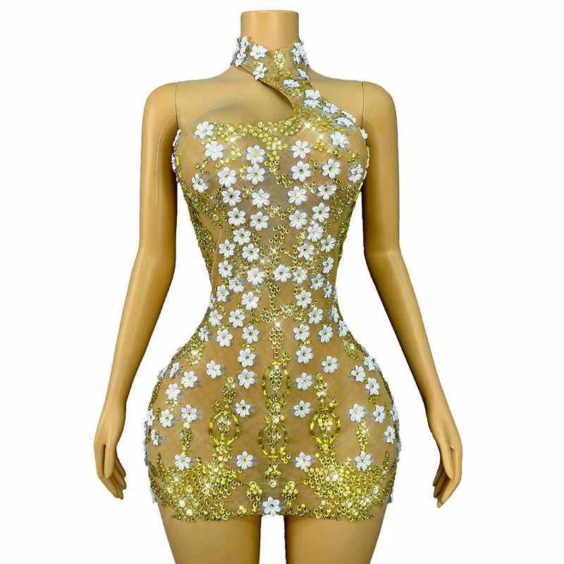 ゴールドラインストーンフラワージャズダンスドレス女性祝うパーティードレスステージキャットウォーク衣装歌手のイブニングドレス XS10061