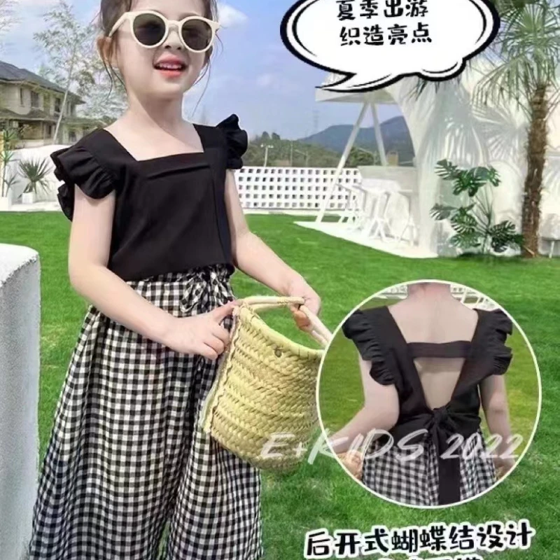 Girls Clothing Set Summer Fashion Backless Vest Top T-Shirt & Plaid Pants 2Pcs Children Outfit Suit Kids Girls Clothes Sets 3-7Y